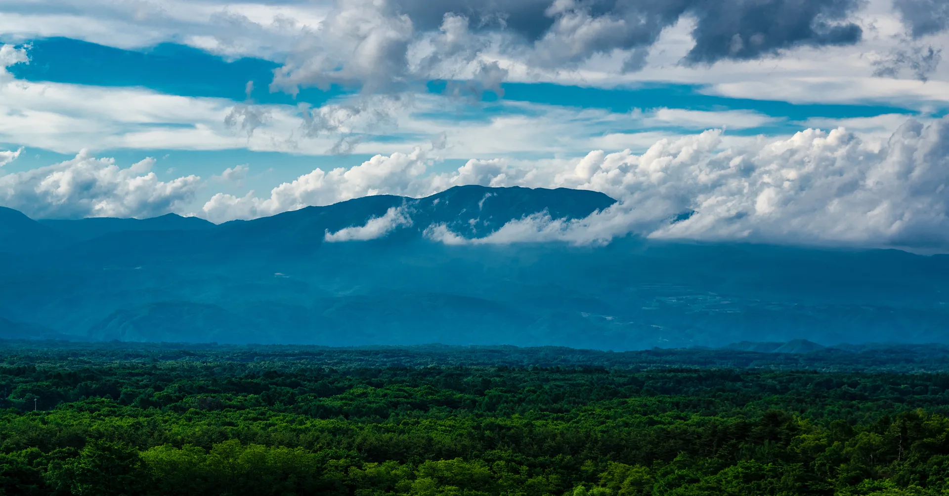 Mountain ridges and clouds beyond the forest of Kita-Karuizawa